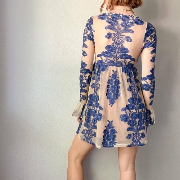 For Love and Lemons, Lace Mesh Long Sleeve Bell Sleeve Cocktail Dress - Picture 2 of 6